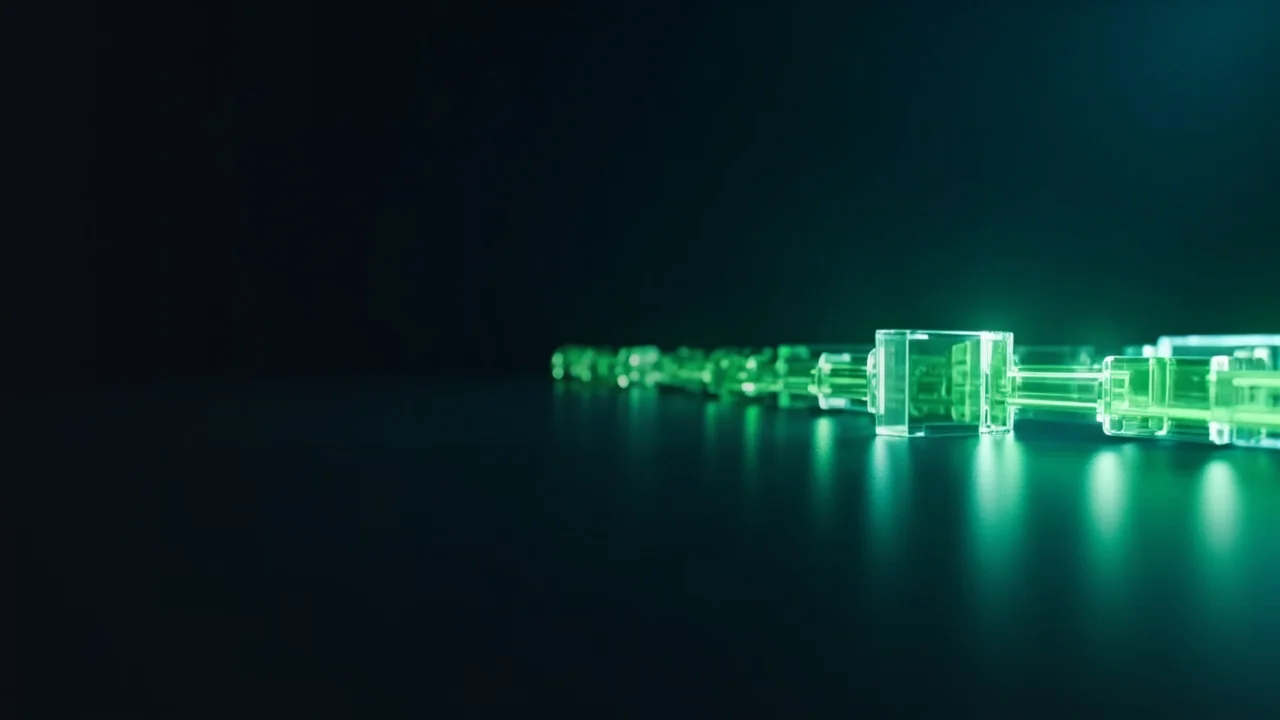Un fondo azul marino oscuro con bloques de cristal luminosos unidos por luz verde lima.