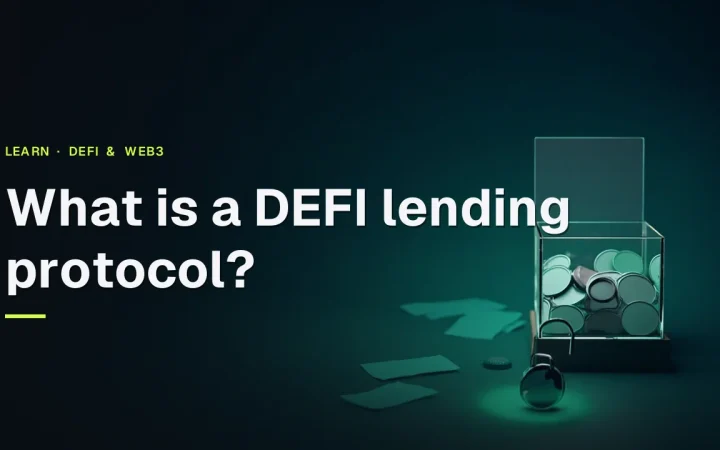 The guide title What is a DEFI lending protocol? over a dark navy background with glowing glass, coins and a padlock on the right.