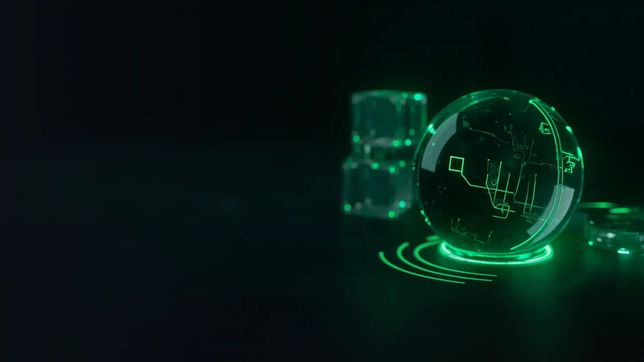 Una escena azul marino oscuro con barras de datos y diales verde brillante enlazados a bloques de cristal.