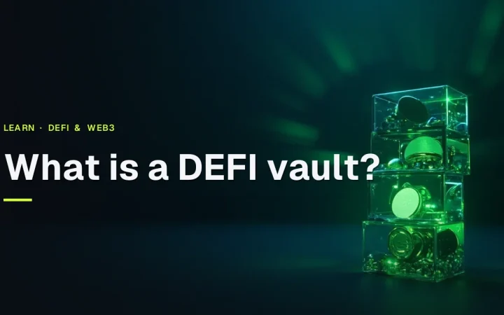The title What is a DEFI vault over dark navy glass vault modules glowing emerald green on the right.