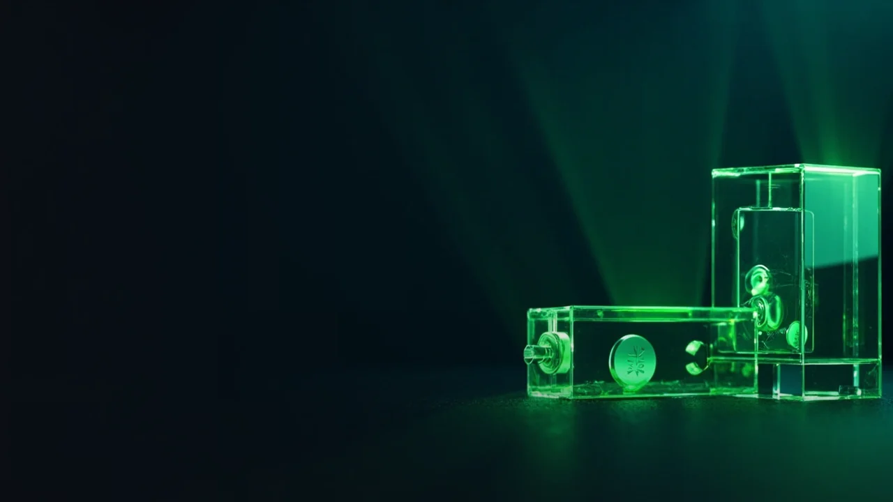 Módulos de bóveda de cristal azul marino oscuro que brillan en verde esmeralda a la derecha.