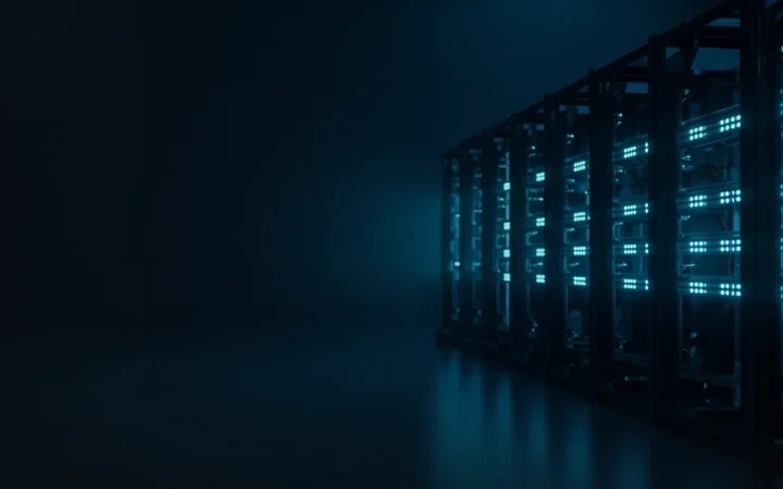 Una escena azul marino oscuro con racks de servidores cian brillantes a la derecha y una mitad izquierda oscura y vacía.