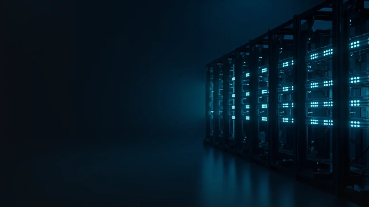 A dark navy scene with glowing cyan server racks on the right and an empty dark left half.