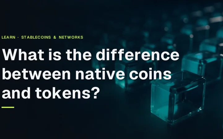 The title What is the difference between native coins and tokens over dark glass blocks joined by teal light.