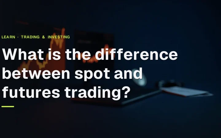 The title Spot vs Futures Trading over dark monitors with glowing orange charts, a coin and a contract envelope.