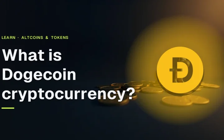 Dogecoin title and logo over a dark navy background with gold coins and a dog figurine.