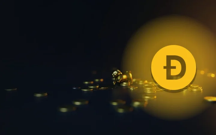 Dogecoin-logoet over en mørk navybaggrund med guldmønter og en hundefigur.