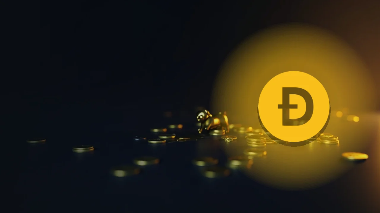 Dogecoin-logoet over en mørk navybaggrund med guldmønter og en hundefigur.