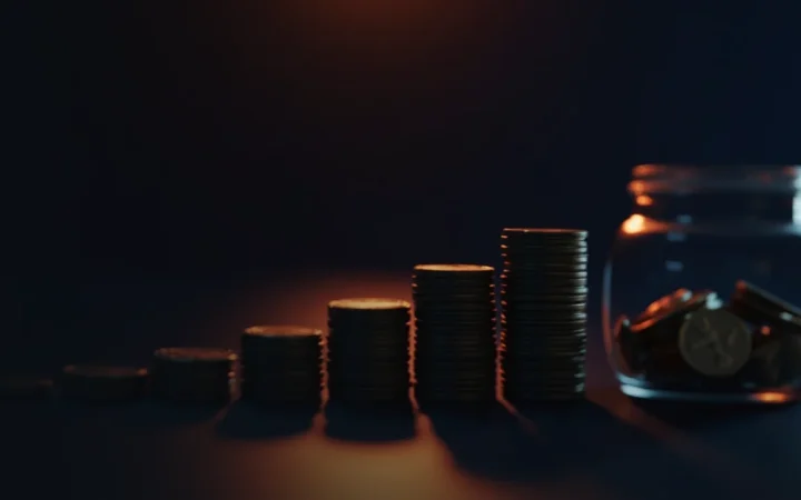 Un escritorio azul marino oscuro con pilas de monedas metálicas en blanco y un tarro de cristal iluminado por un resplandor naranja.