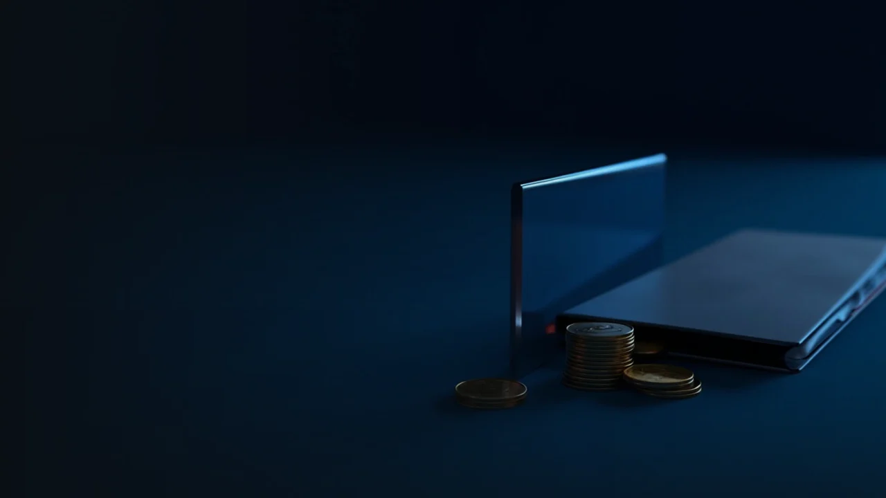 A dark navy background with a stack of blank metal coins, a glass panel and a folder lit by blue light.