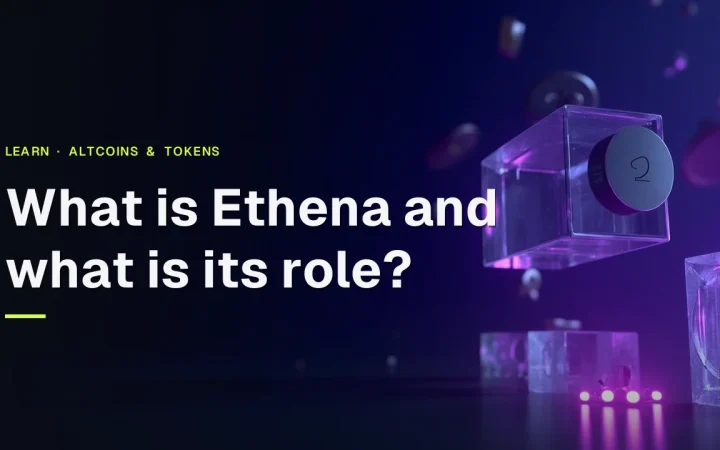 The guide title What is Ethena and what is its role over a dark navy background with glowing violet glass blocks and metallic discs on the right.