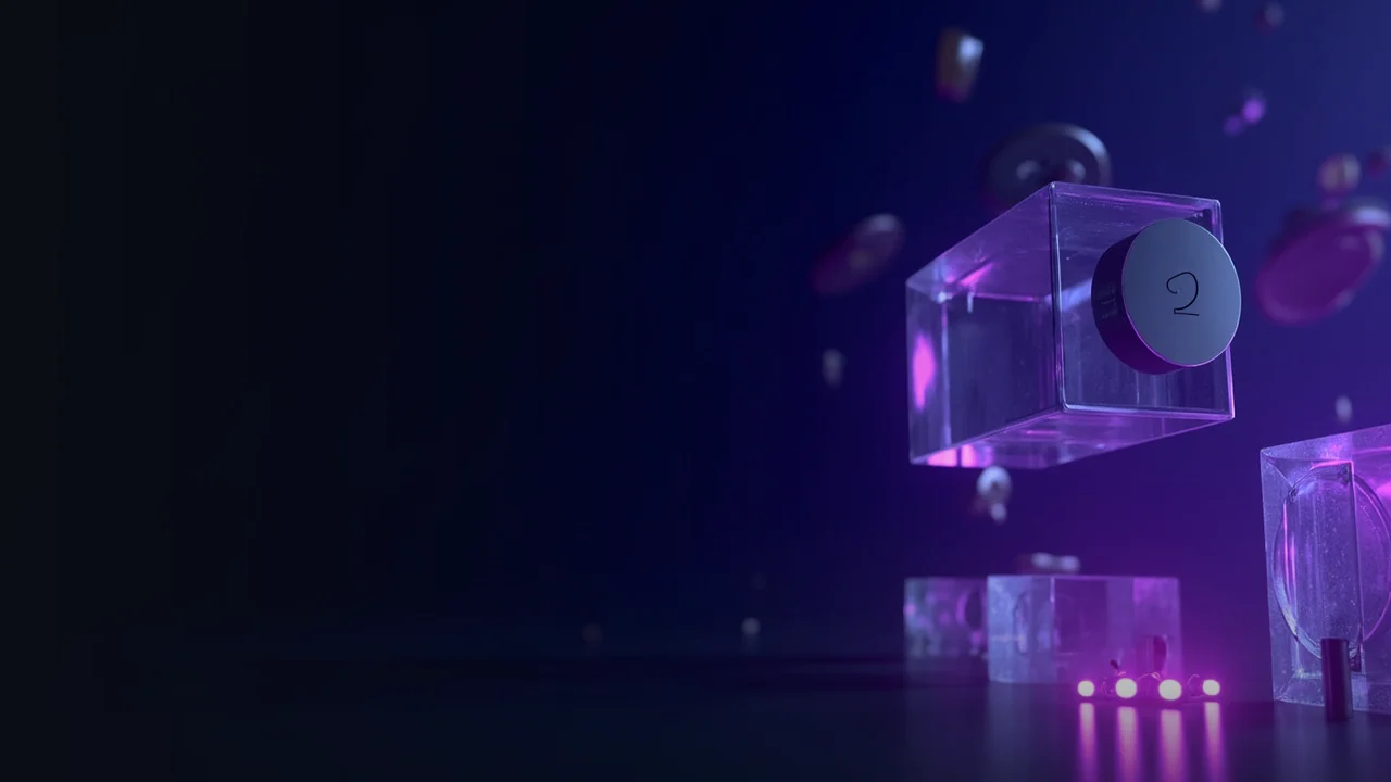 Ein dunkelblauer Hintergrund mit leuchtenden violetten Glasblöcken und metallischen Scheiben auf der rechten Seite.