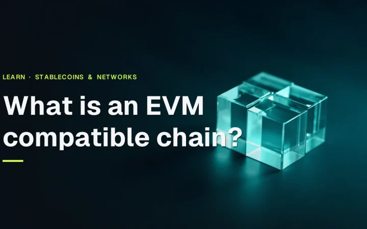 The title What is an EVM compatible chain? over glass blocks joined by teal light on a dark navy background.