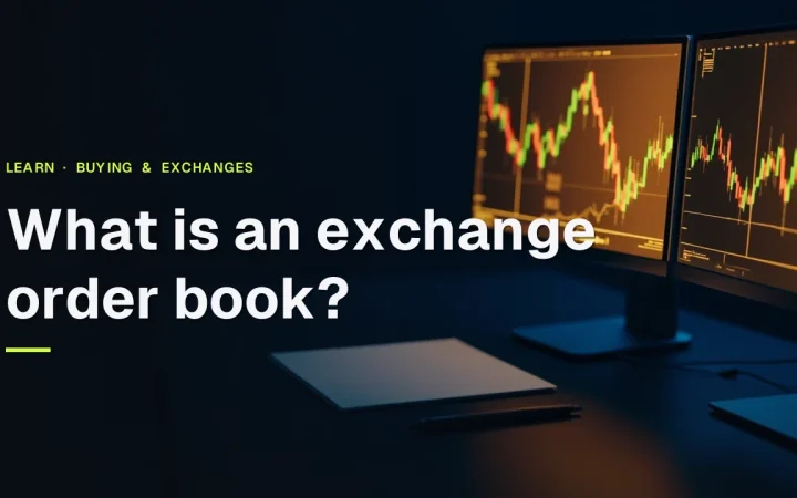 The title What is an exchange order book over a dark navy desk with gold glowing bar and dial monitors on the right.