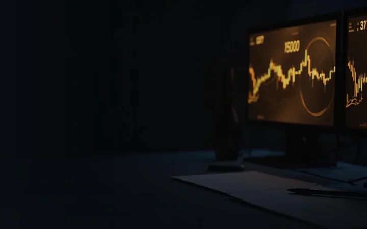 A dark navy desk with gold glowing bar and dial monitors on the right.