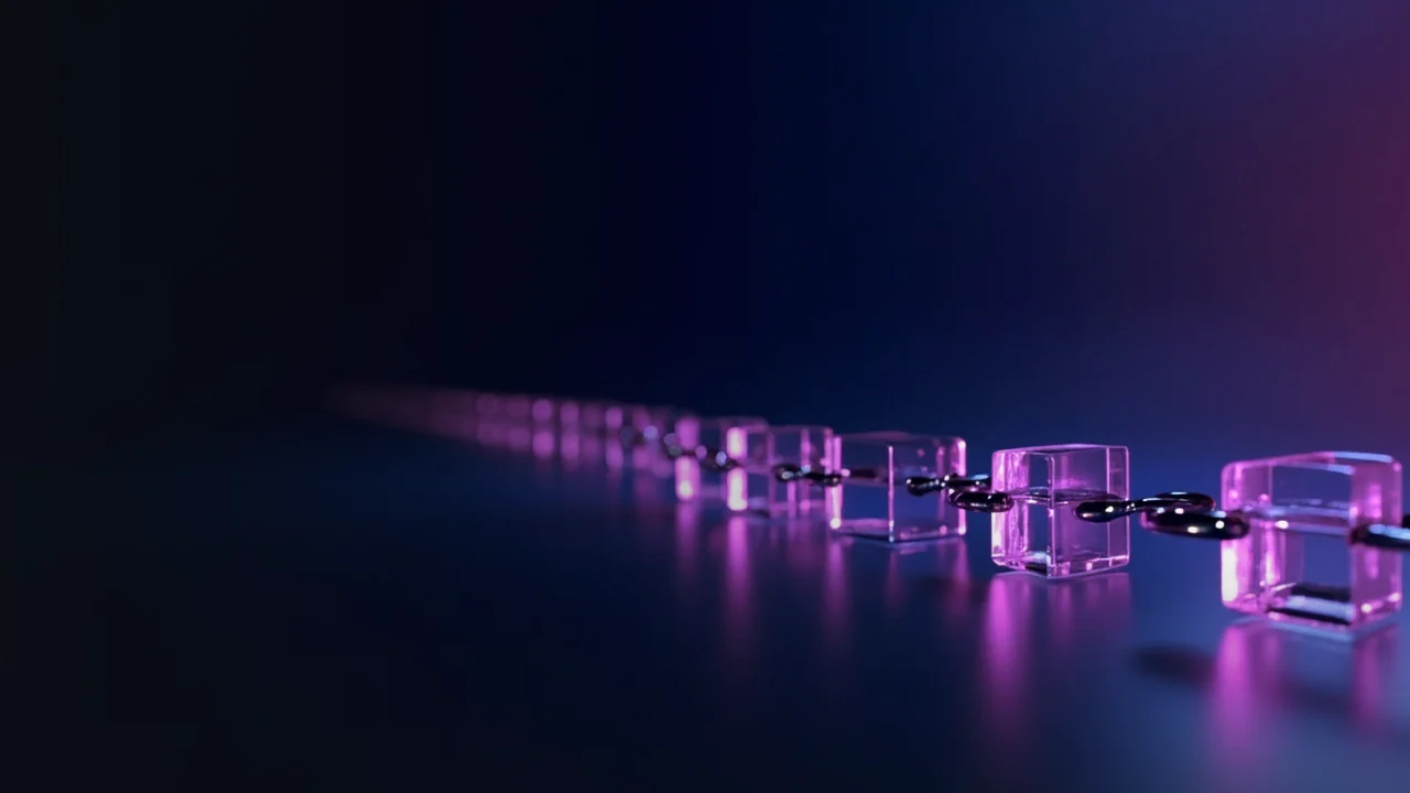 Un fondo azul marino oscuro con una cadena de bloques de cristal unidos por luz violeta a la derecha.
