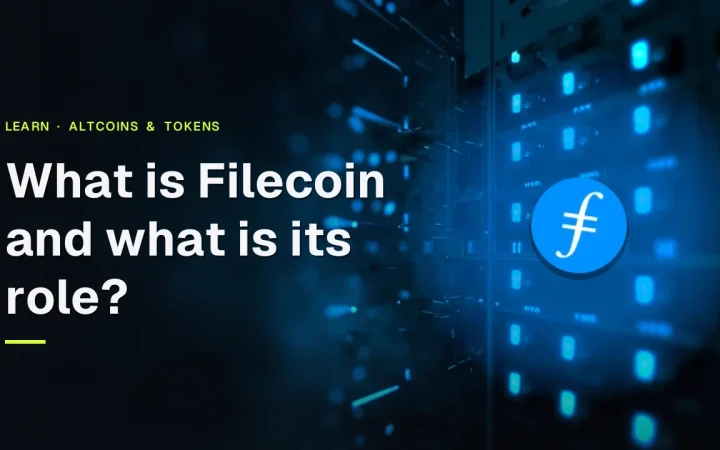 Filecoin이란 무엇이며 그 역할은 무엇인가라는 제목이 빛나는 서버 랙과 데이터 스트림의 어두운 장면 위에 Filecoin 로고와 함께 표시됩니다.