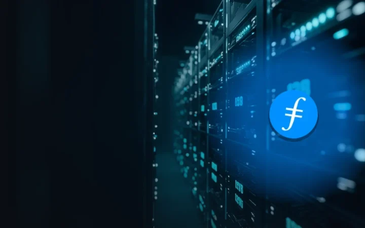 Una escena oscura de racks de servidores brillantes y flujos de datos, con el logotipo de Filecoin.