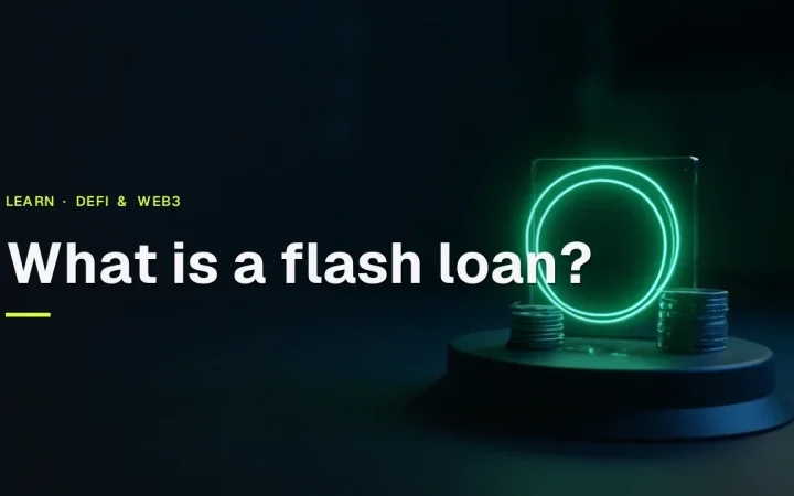 The title What is a flash loan over a dark navy vault with a glowing green loop from metal discs to a glass block.