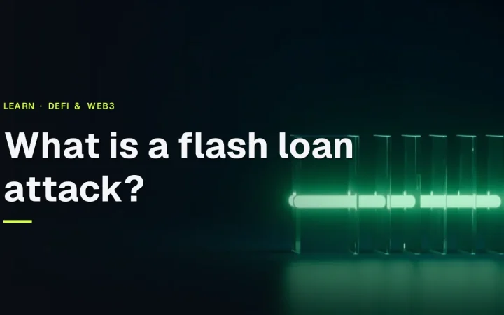 A glowing emerald chain of light links stacked glass blocks on a dark navy background, with the title What is a flash loan attack?