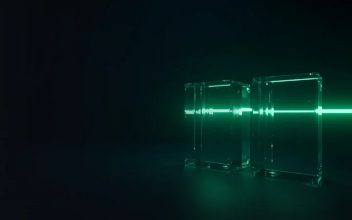 En glödande smaragdgrön ljuskedja länkar samman staplade glasblock på en mörkblå bakgrund.
