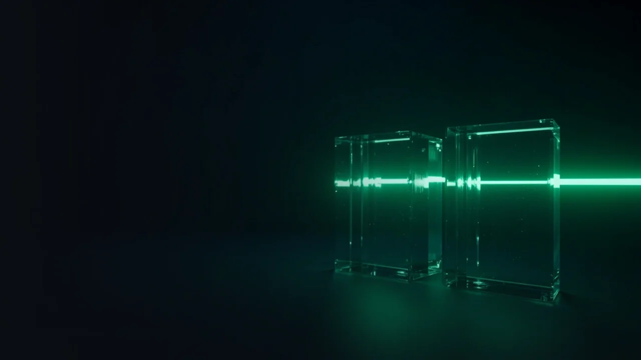A glowing emerald chain of light links stacked glass blocks on a dark navy background.