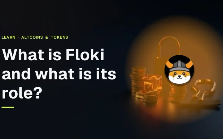 Titlen Hvad er Floki, og hvad er dets rolle? med FLOKI-logoet over stablede tomme mønter, en holografisk terning og en hængelås på et mørkt marineblåt skrivebord.