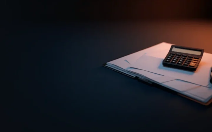 A dark desk with blank forms, a calculator with a blank display, a pen and a folder.