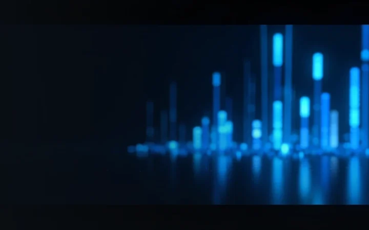 A dark navy background with glowing blue data bars and dials on the right.