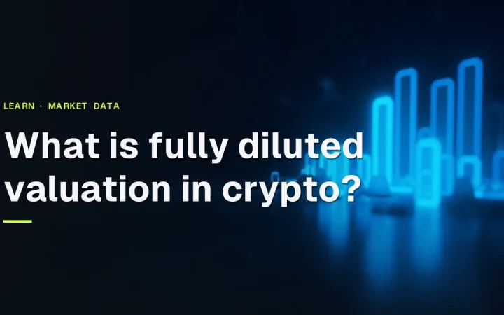 The title What is fully diluted valuation in crypto over a dark navy background with glowing blue data bars and dials on the right.