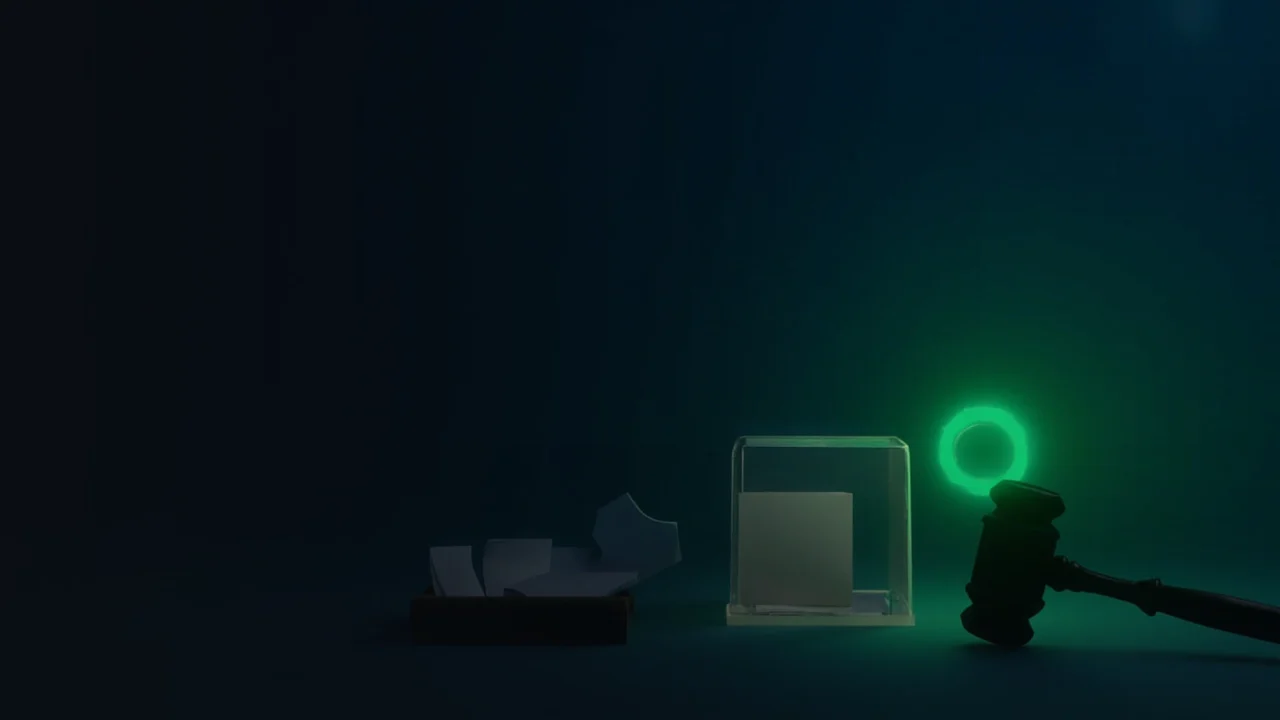 Un anillo verde brillante, una urna de cristal y un mazo a la derecha sobre un fondo azul marino oscuro.