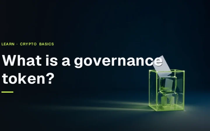 Der Titel Was ist ein Governance-Token über einer dunkelblauen Szene mit einer gläsernen Wahlurne und leuchtenden Abstimmungswürfeln.