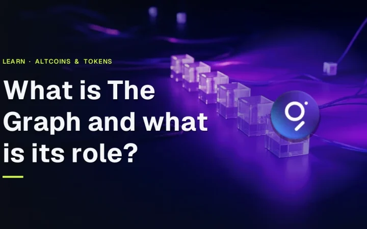The title What is The Graph and what is its role over a dark navy background with glowing violet glass blocks joined by light.