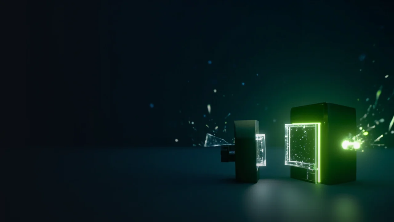 A dark navy scene of two glass cubes joined by a broken glowing lime green chain.