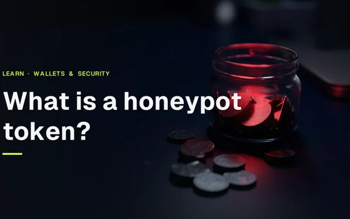 Titlen What is a honeypot token over et glas med tomme mønter forseglet med en rød lås på et mørkeblåt skrivebord.