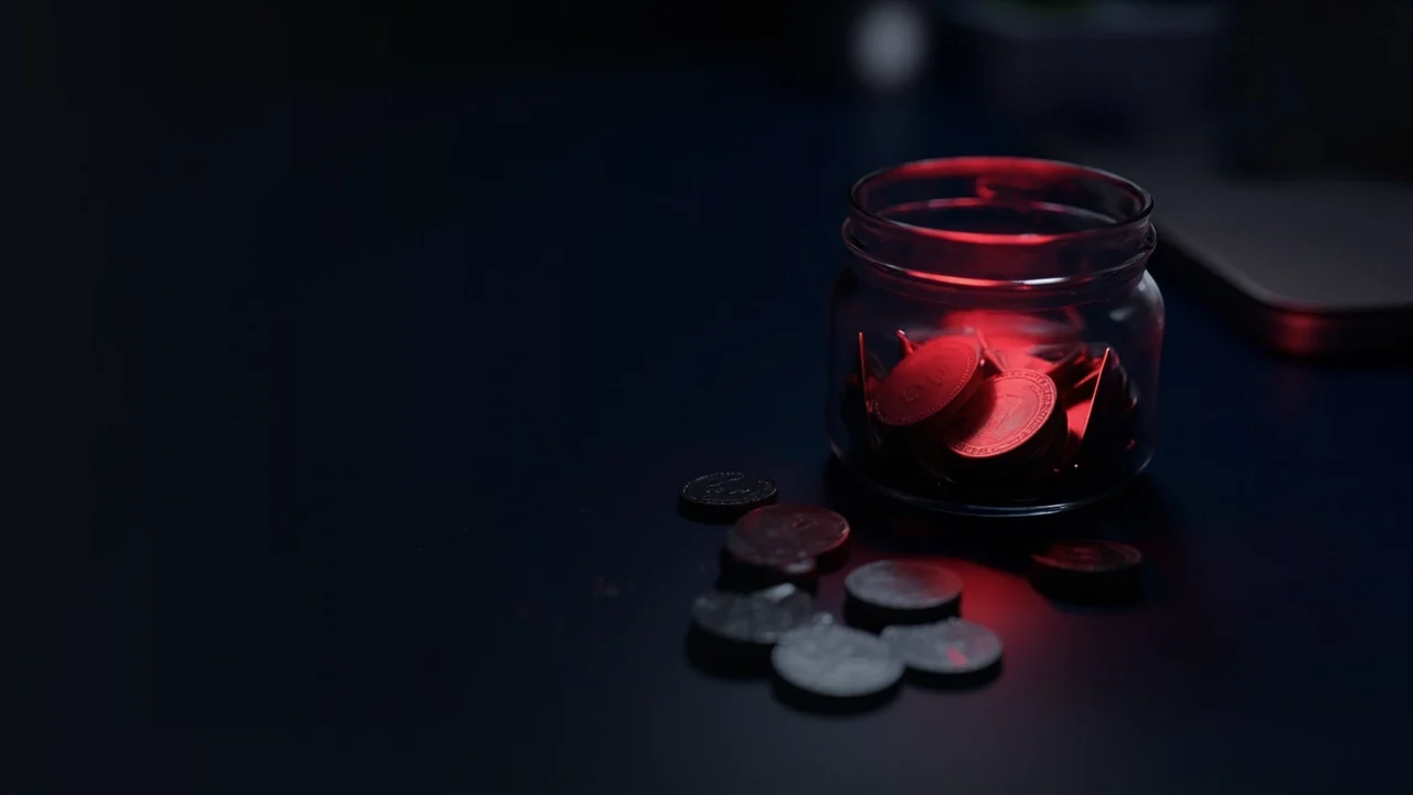 A glass jar of blank coins sealed with a red lock on a dark navy desk.