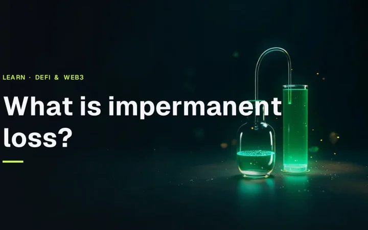 The title 'What is impermanent loss?' over a dark navy background with two glass vessels of glowing green liquid on the right.