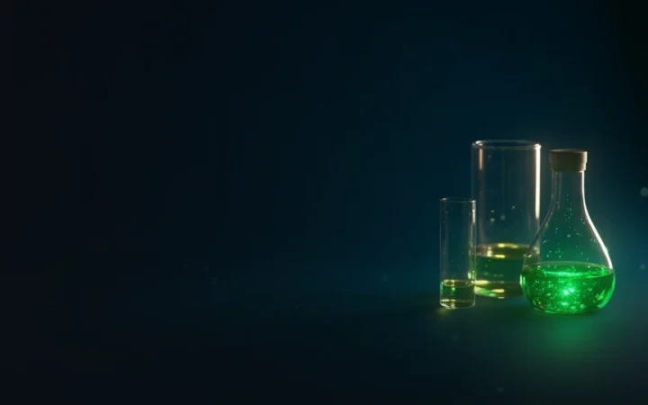 A dark navy background with two glass vessels of glowing green liquid on the right.