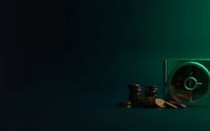 Un bureau sombre avec des pièces vierges et un coffre en verre éclairé en vert lime.