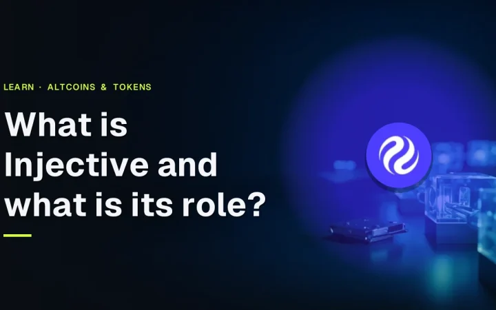 The title What is Injective and what is its role? with the Injective logo over glowing glass blocks joined by blue light on a dark navy background.