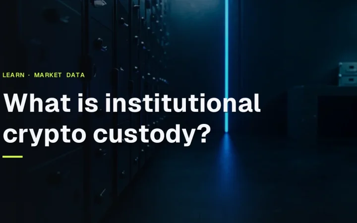 Titlen Hvad er institutionel crypto-opbevaring? over en mørk navy-boks med stålkasser og en glødende blå lysstrimmel