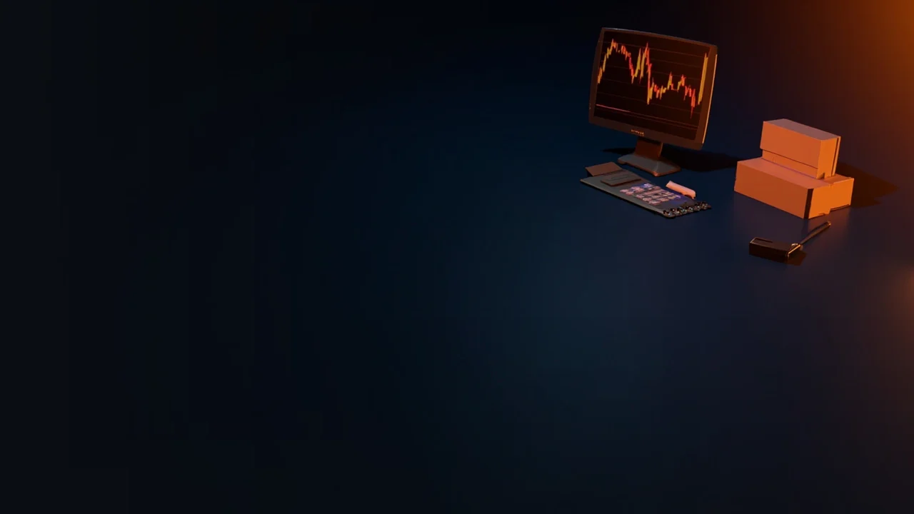 A dark desk with a glowing orange chart, a blank calculator, a pen and blank cards.