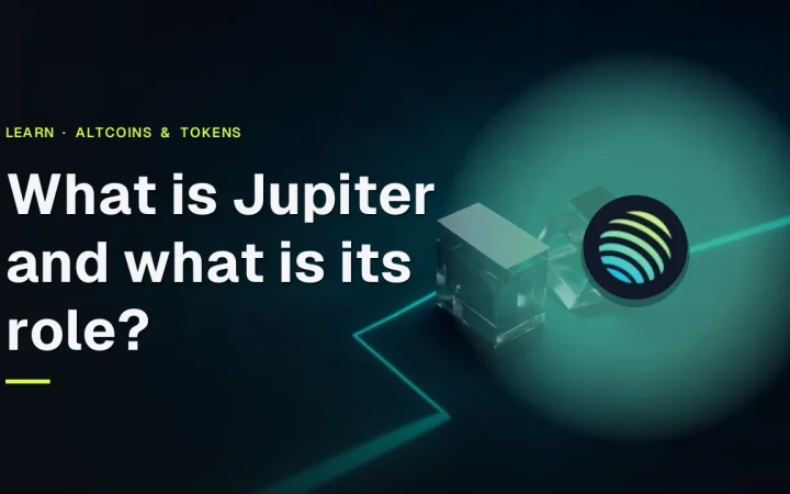 The title What is Jupiter and what is its role? with the Jupiter logo over a dark navy desk with glowing teal light lines and glass cubes.