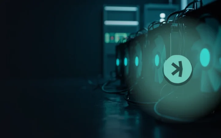Kaspa-logoet over mørke mining-maskiner med teal-glødende blæsere.