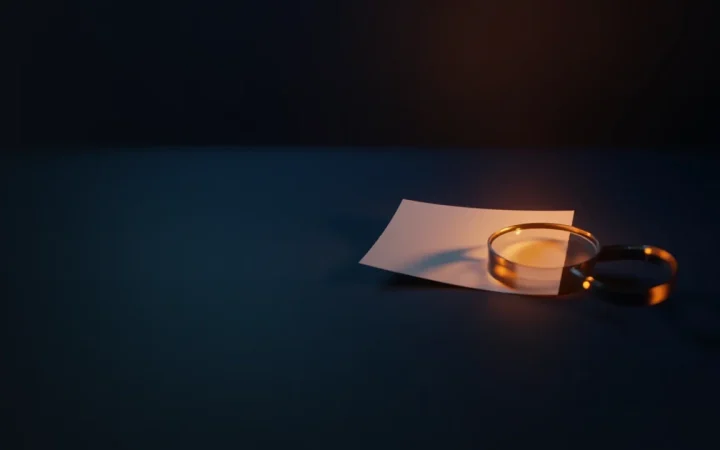 Ett mörkblått skrivbord med ett tomt ID-kort, ett tomt formulär och ett förstoringsglas i varmt orange ljus.