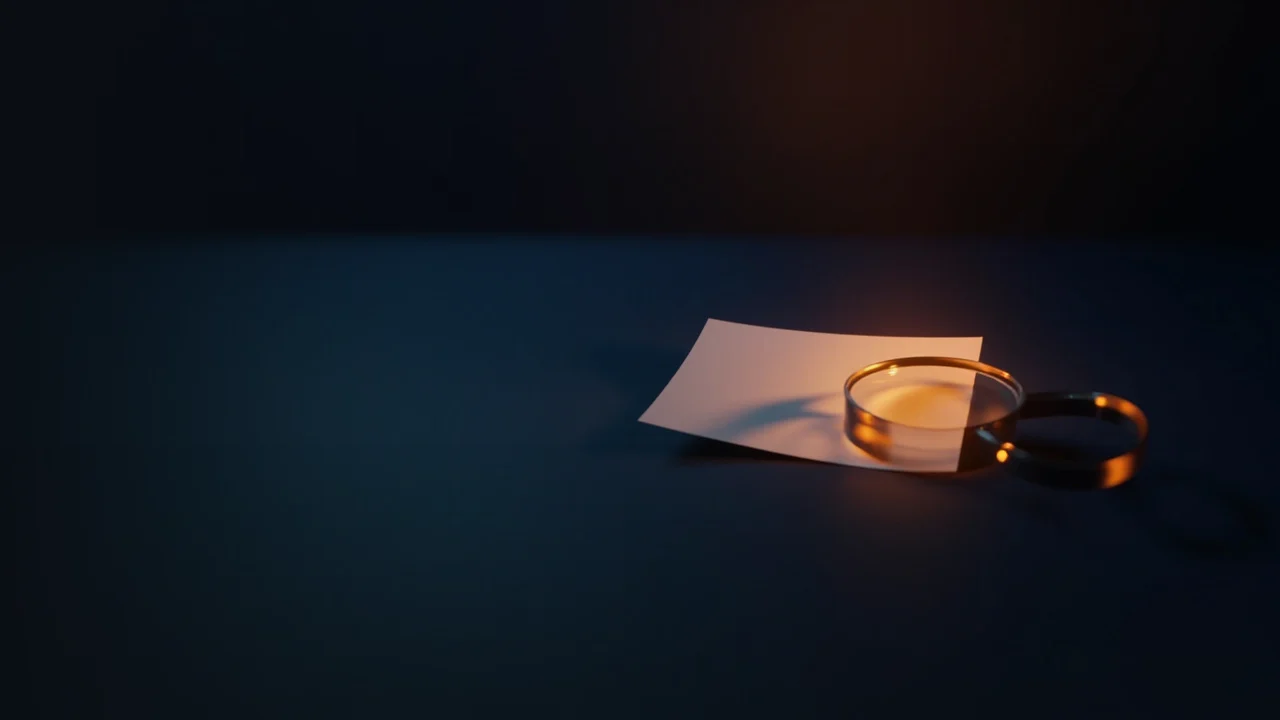 Ein dunkelblaues Marine-Schreibtischset mit leerem Ausweis, leerem Formular und Lupe in warmem orangefarbenem Licht.