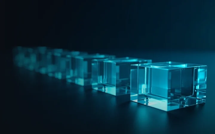 Glowing glass blocks linked by cyan light on a dark navy background.
