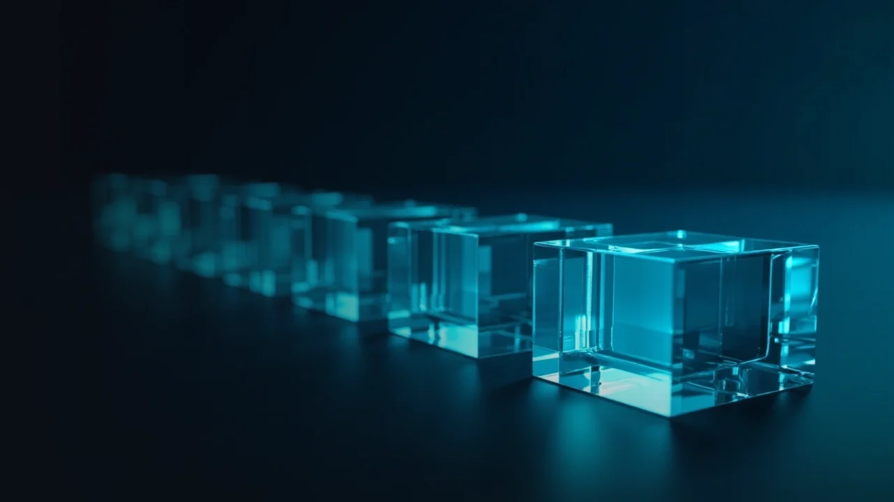 Glowing glass blocks linked by cyan light on a dark navy background.