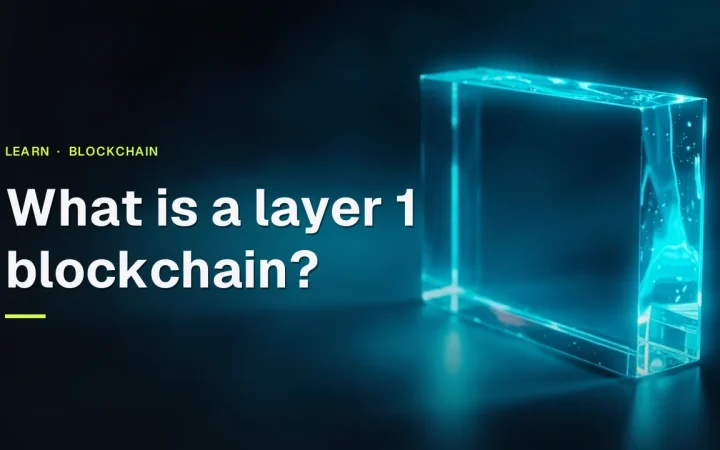 The title What is a layer 1 blockchain appears over glowing glass blocks linked by cyan light on a dark navy background.