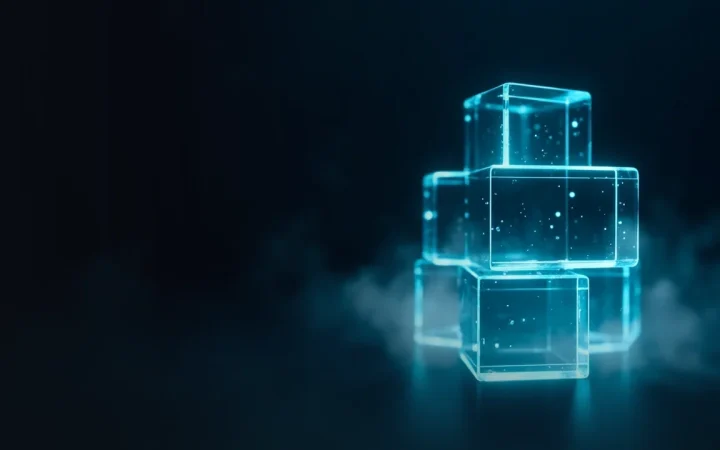 A dark background with glowing glass blocks joined by cyan light on the right.
